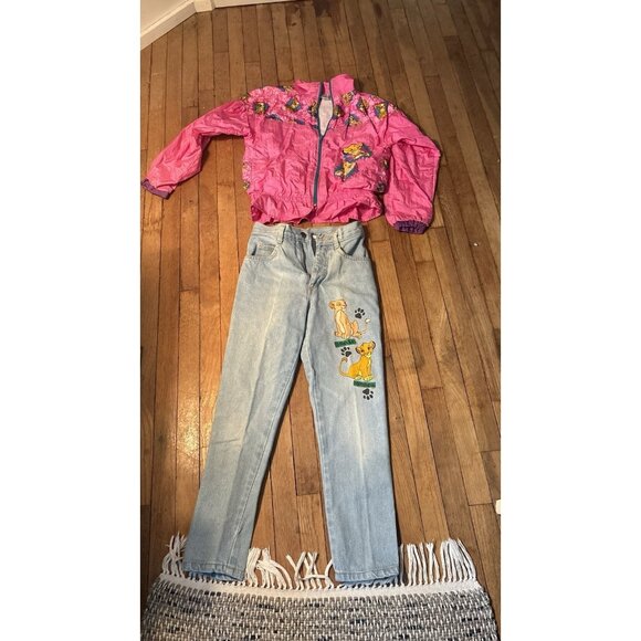 Vintage Disney The Lion King 90s Windbreaker Jacket  AND Simba Nala Jeans SZ 10 - Picture 1 of 16